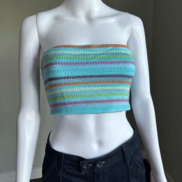Princess Polly Crotchet Knit Blue Striped 70’s Top NWT - Picture 2 of 5